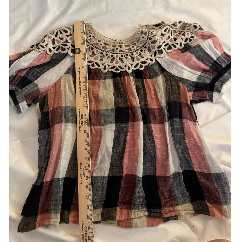 Anthropologie Plaid Crochet Lace Yoke Blouse Pink Navy XL